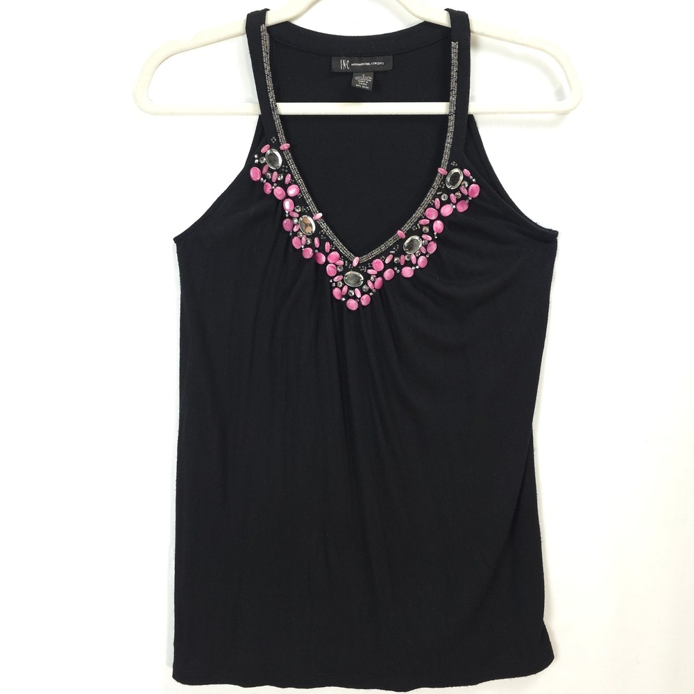Embellished Tank Top Pink Beaded Neckline Black Sleeveless Party Evening Chic